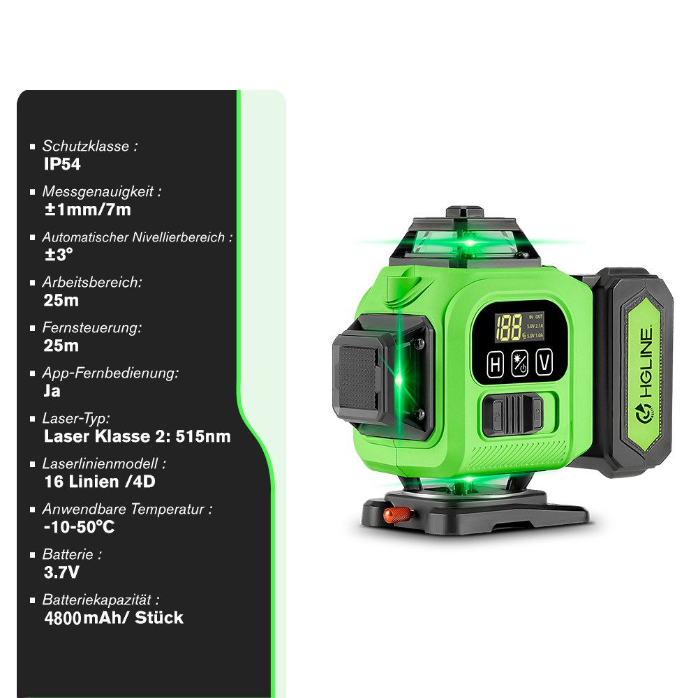 Grüner Laser-Nivellierer mit verschiedenen Einstellungen. Text und Grafiken beschreiben die Funktionen. Batterie ist 3,7 V und 4800 mAh.