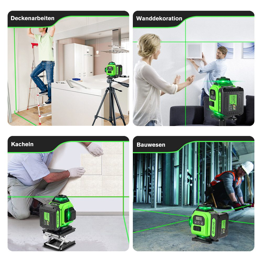 Vier Bilder, die die Verwendung eines grünen Laser-Nivellierers zeigen. Anwendungen sind Deckenarbeiten, Wanddekor und Fliesen.