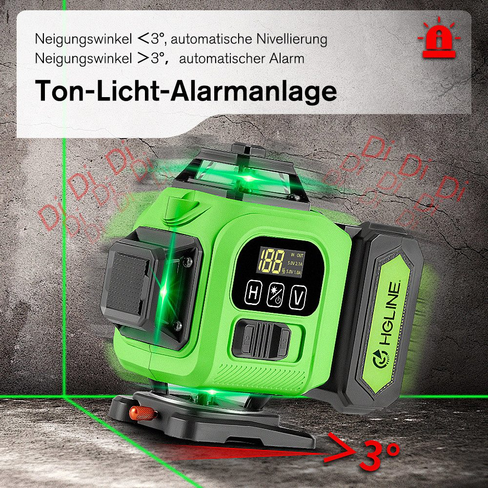 Grünes Laser-Niveau mit roten Akzenten auf grauem strukturiertem Hintergrund, mit Textüberlagerung.