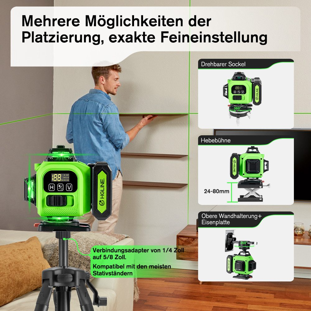 Mann benutzt ein grünes Laser-Niveau auf einem Stativ, um Regale auszurichten.