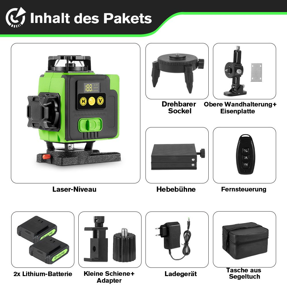 Verschiedene Werkzeuge für ein Laser-Niveau, einschließlich Batterien und Adapter.