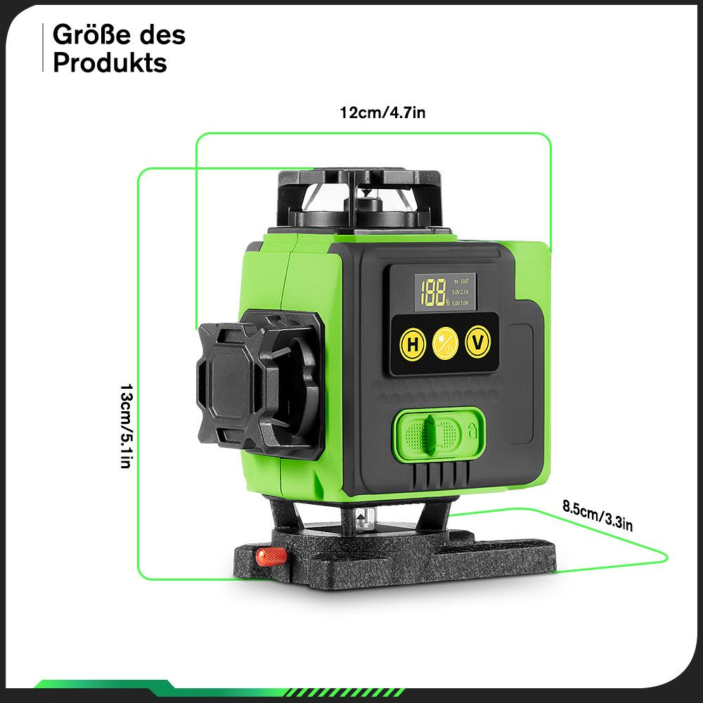 Grünes und schwarzes Laser-Niveau mit Messungen auf weißem Hintergrund.