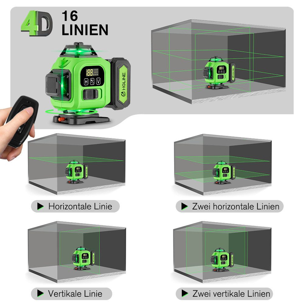 Grünes Laser-Niveau mit mehreren Linienprojektionen in geschlossenen Räumen, mit Fernbedienung.