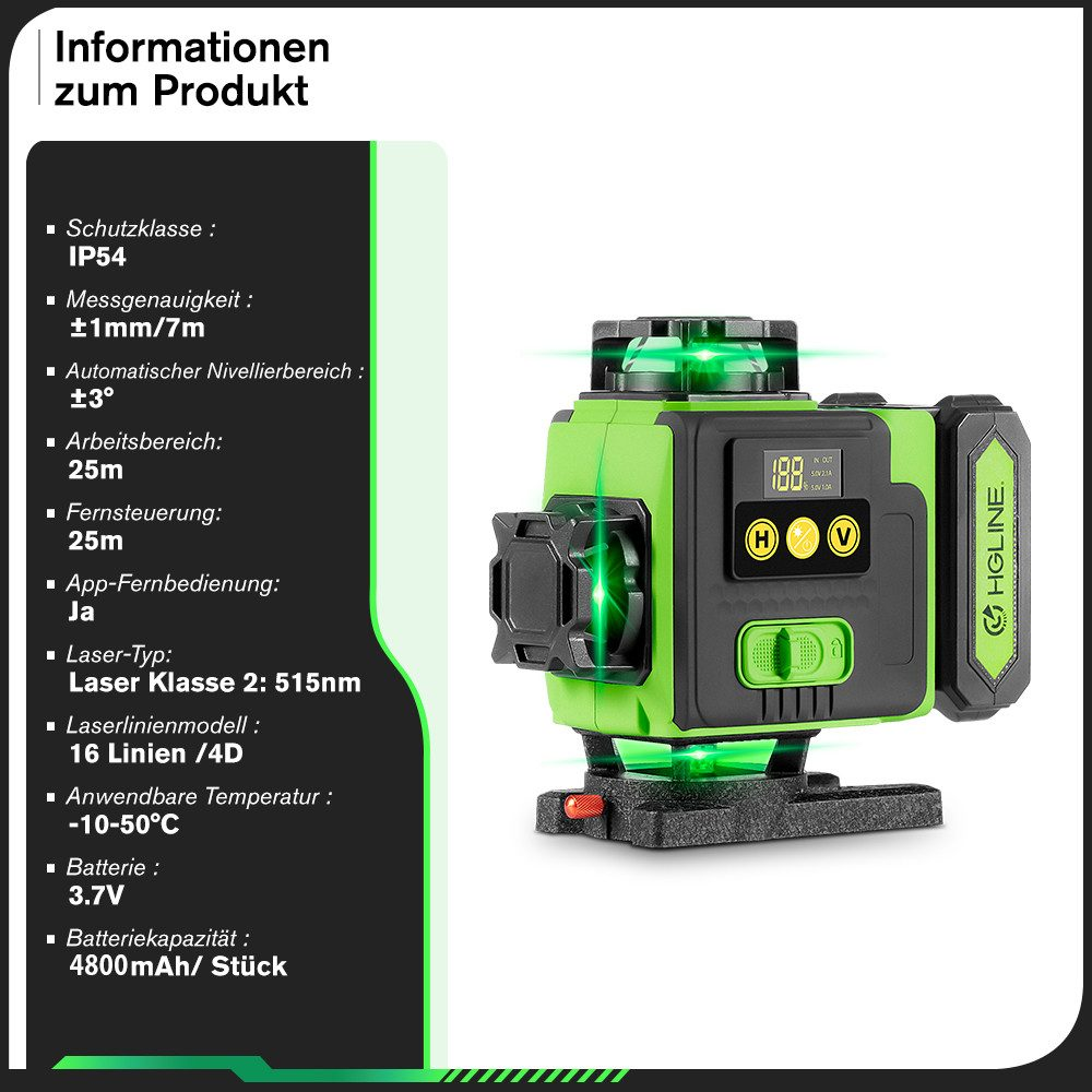 Grünes Laser-Niveau mit Informationstext auf weißem Hintergrund.