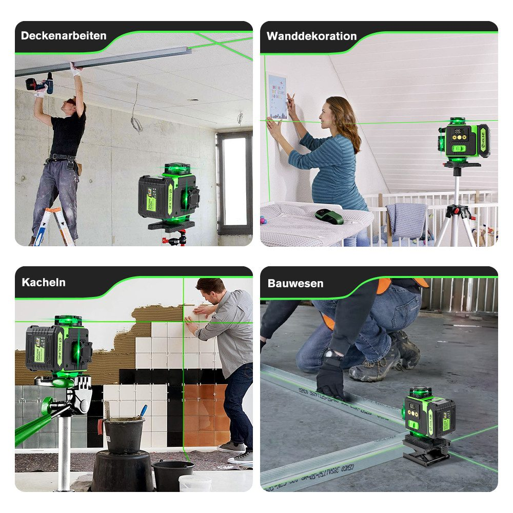 Vier Bilder, die die Verwendung eines grünen Laser-Niveaus in verschiedenen Bauszenarien zeigen.