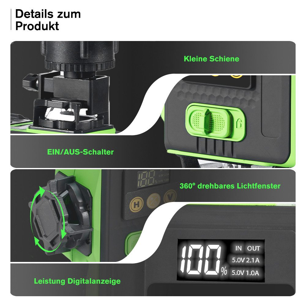 Nahaufnahme eines grünen Laser-Niveaus mit Knöpfen und Anzeige auf weißem Hintergrund.