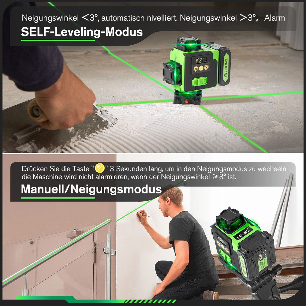 Ein grüner Laser-Nivellierer wird von einem Mann zum Ausrichten von Fliesen verwendet. Das Gerät ist selbstnivellierend.