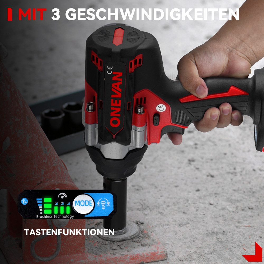Schwarzer und roter Schlagschrauber mit drei Geschwindigkeitseinstellungen und Bedienfeld.