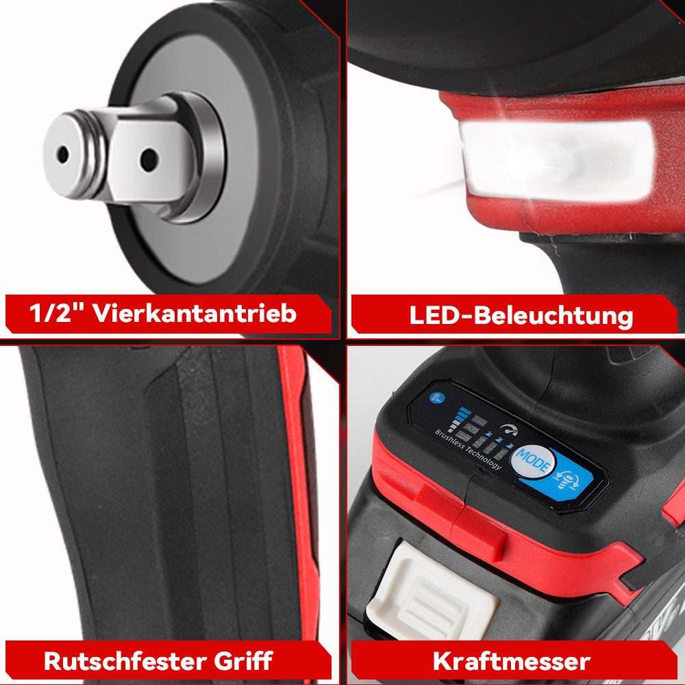 Nahaufnahme der Teile eines Schlagschraubers: Antrieb, LED, Griff und Moduswahlschalter. Das Werkzeug ist schwarz und rot.