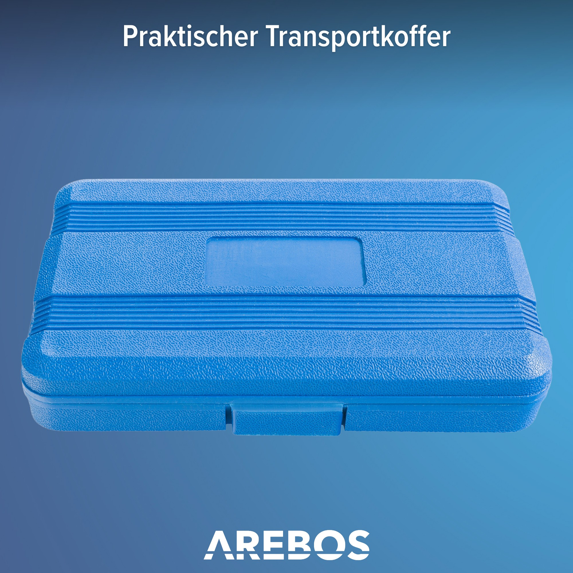 Ein blauer Werkzeugkasten mit Griff und Verschluss, vor einem farbigen Hintergrund.