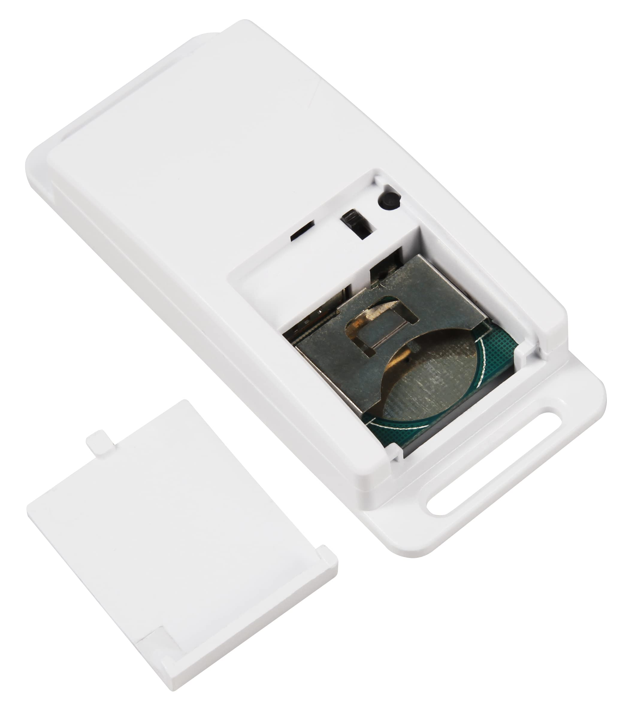 Ein weißes Gerät mit geöffneter Abdeckung, das eine Leiterplatte und eine Batterie zeigt.