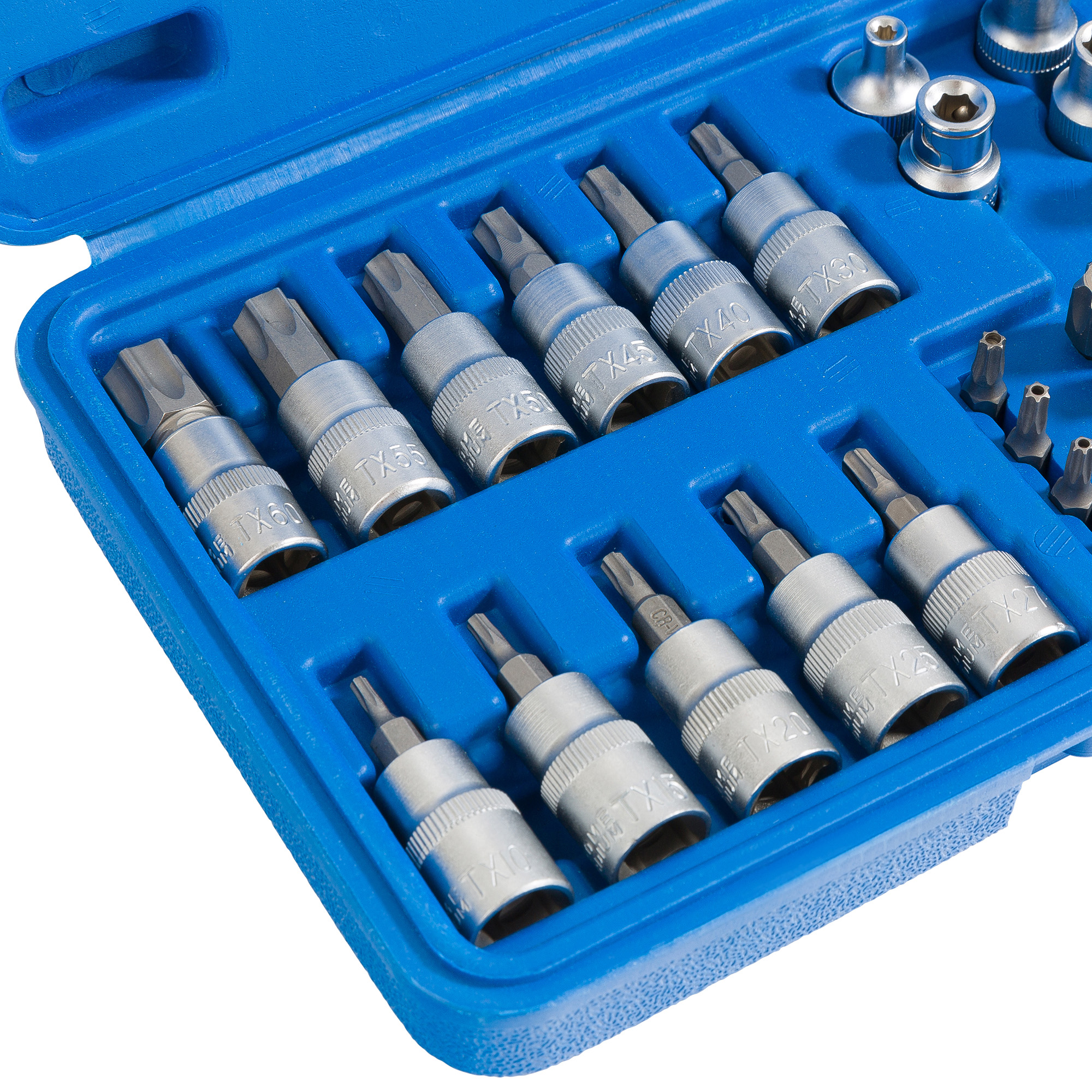 Ein blauer Werkzeugkasten enthält verschiedene silberne Torx-Bits. Die Bits sind in Reihen angeordnet.