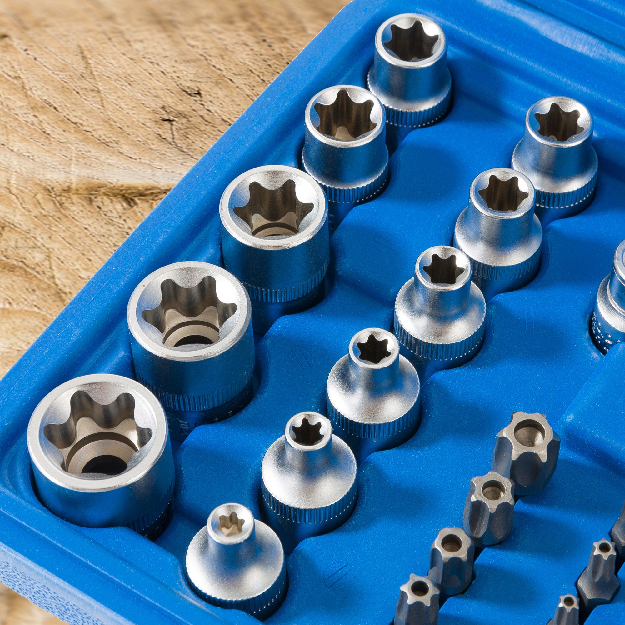 Nahaufnahme eines blauen Werkzeugkastens, gefüllt mit verschiedenen Torx-Bits. Verschiedene Größen sind sichtbar.