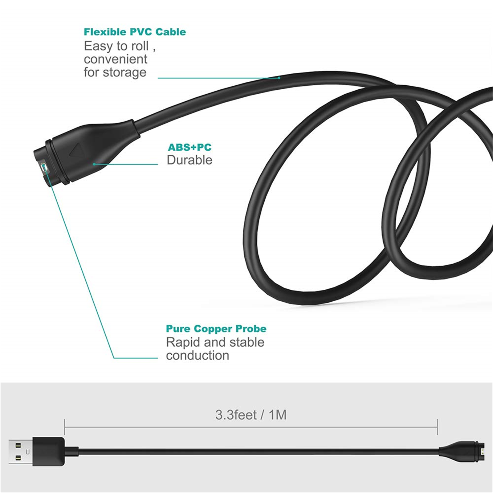 Schwarzes Kabel mit USB-C-Anschluss, als langlebig und flexibel gekennzeichnet, mit 3,3 ft/1 m Länge.