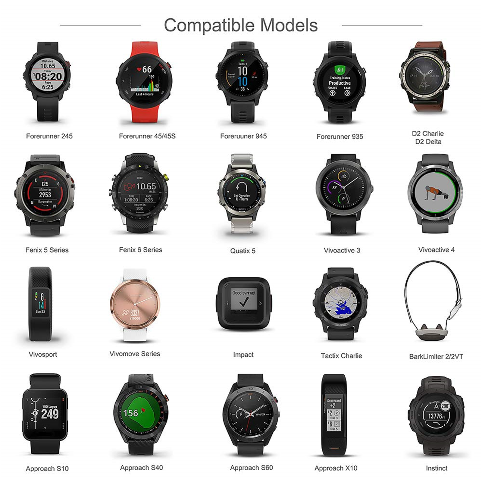 Eine Liste von Smartwatches von Garmin, die verschiedene Modelle zeigt.