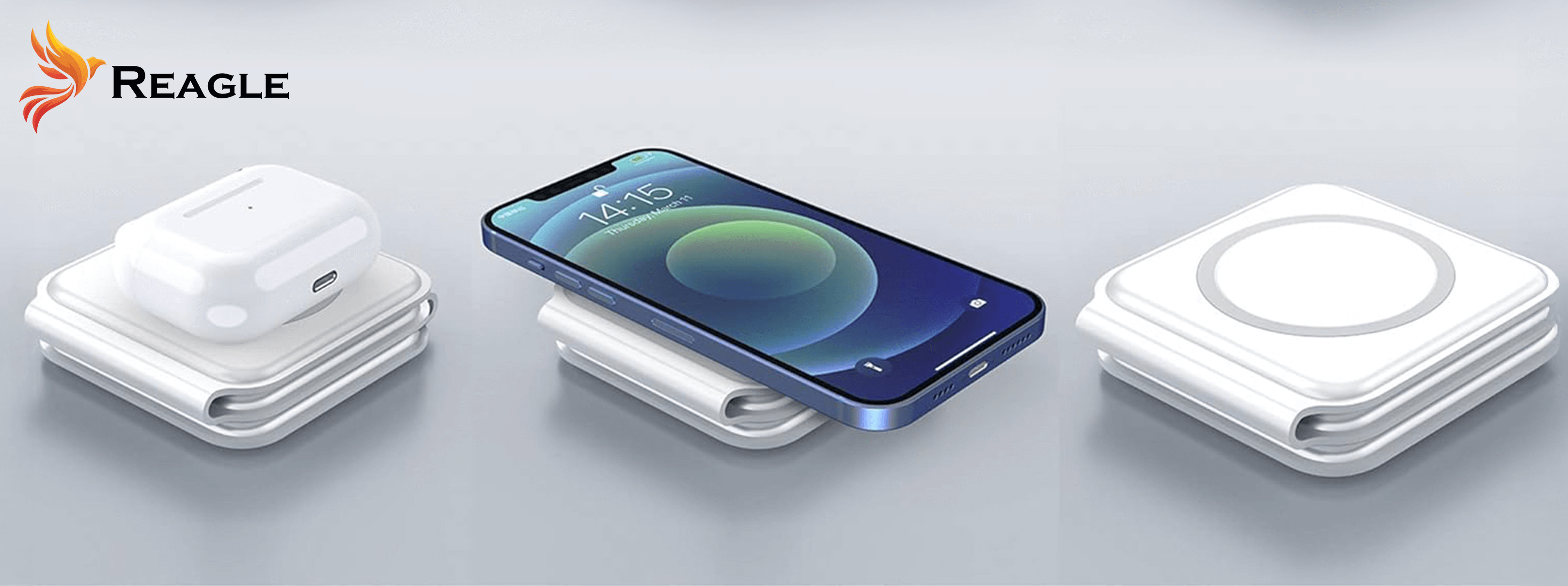 Białe ładowarki bezprzewodowe z iPhonem i etui AirPods.