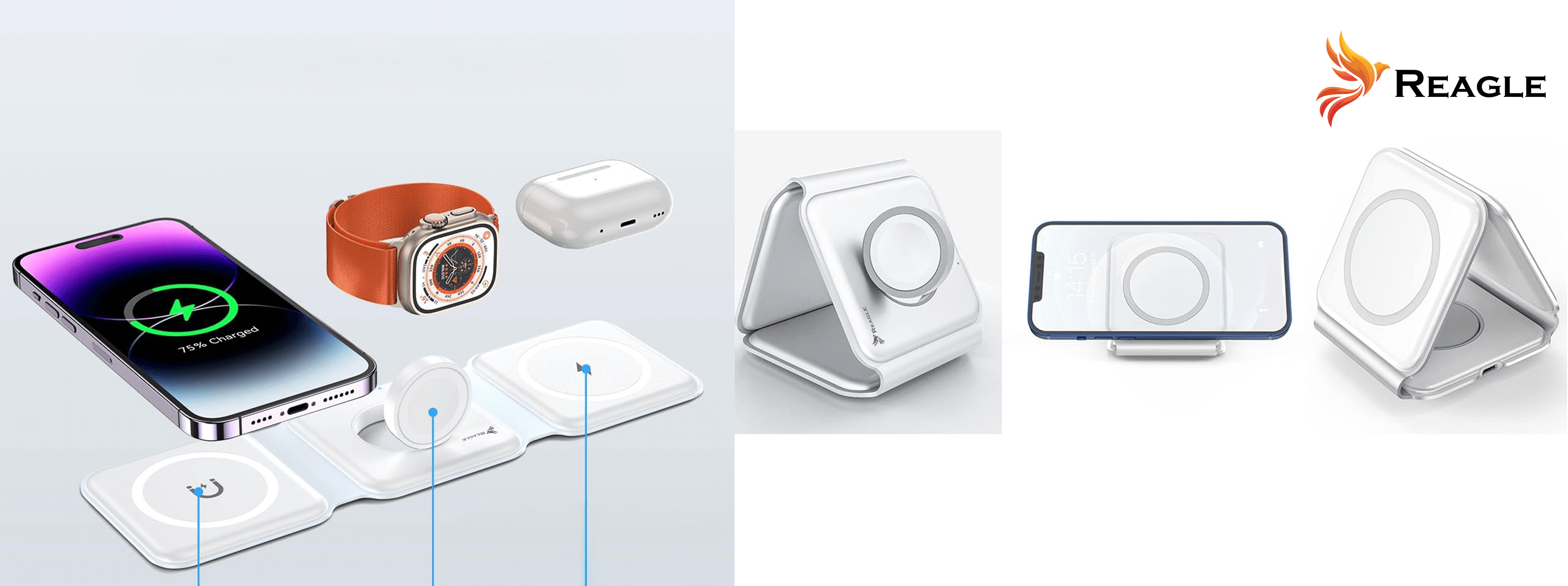 Biała ładowarka bezprzewodowa z telefonem, Apple Watchem i AirPodami. Telefon pokazuje 75% naładowania.