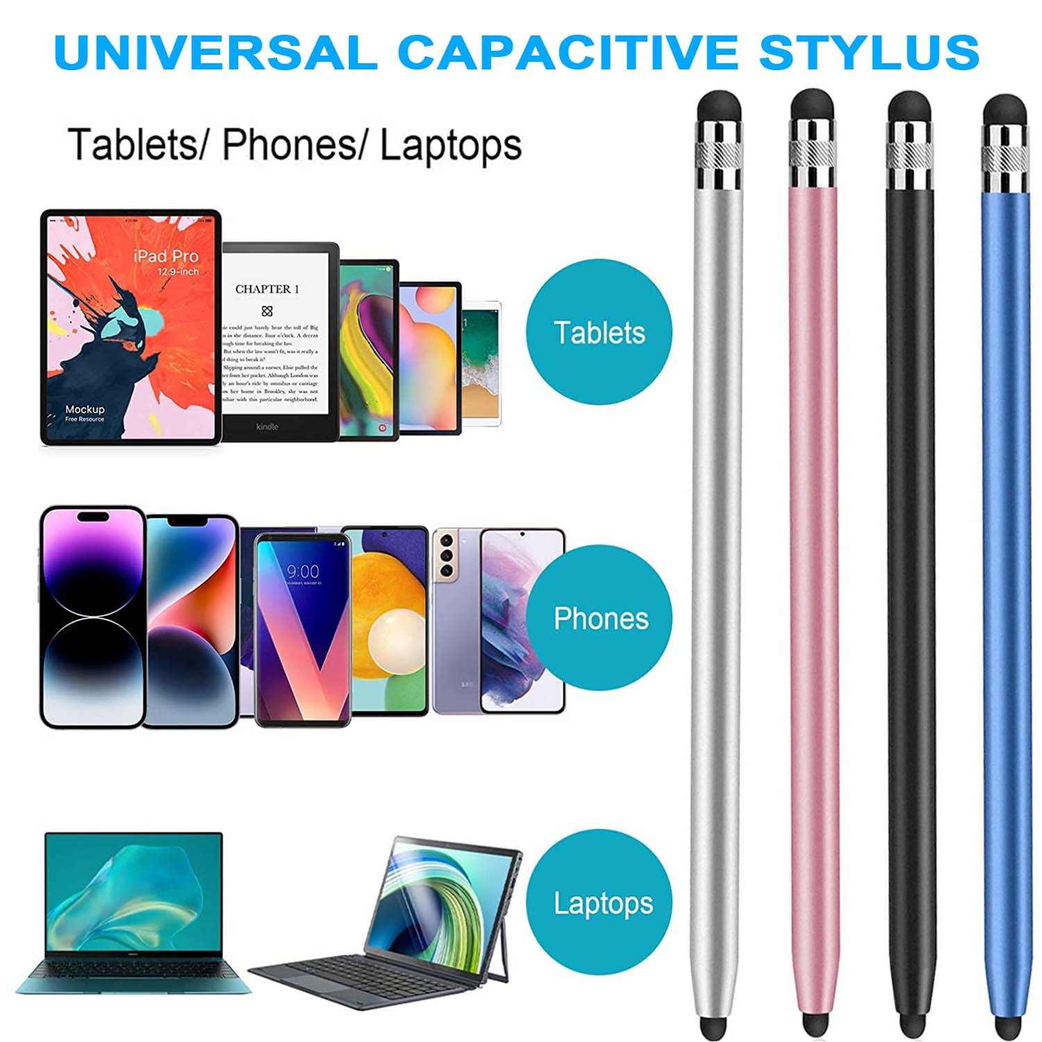 Bild mit verschiedenen Tablets, Telefonen und Laptops sowie Stiften. Das Bild wirbt für einen Universal-Stift.