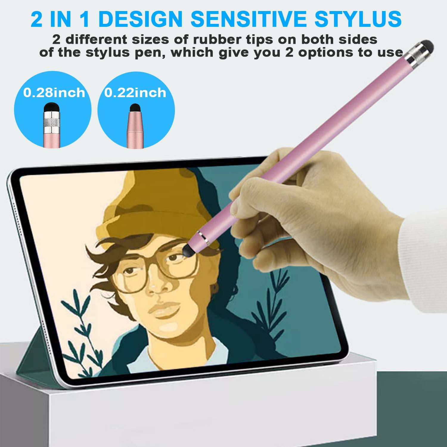 Rosa Eingabestift auf einem Tablet, mit zwei Spitzenoptionen gezeigt. Hand hält den Stift, Tablet sichtbar.