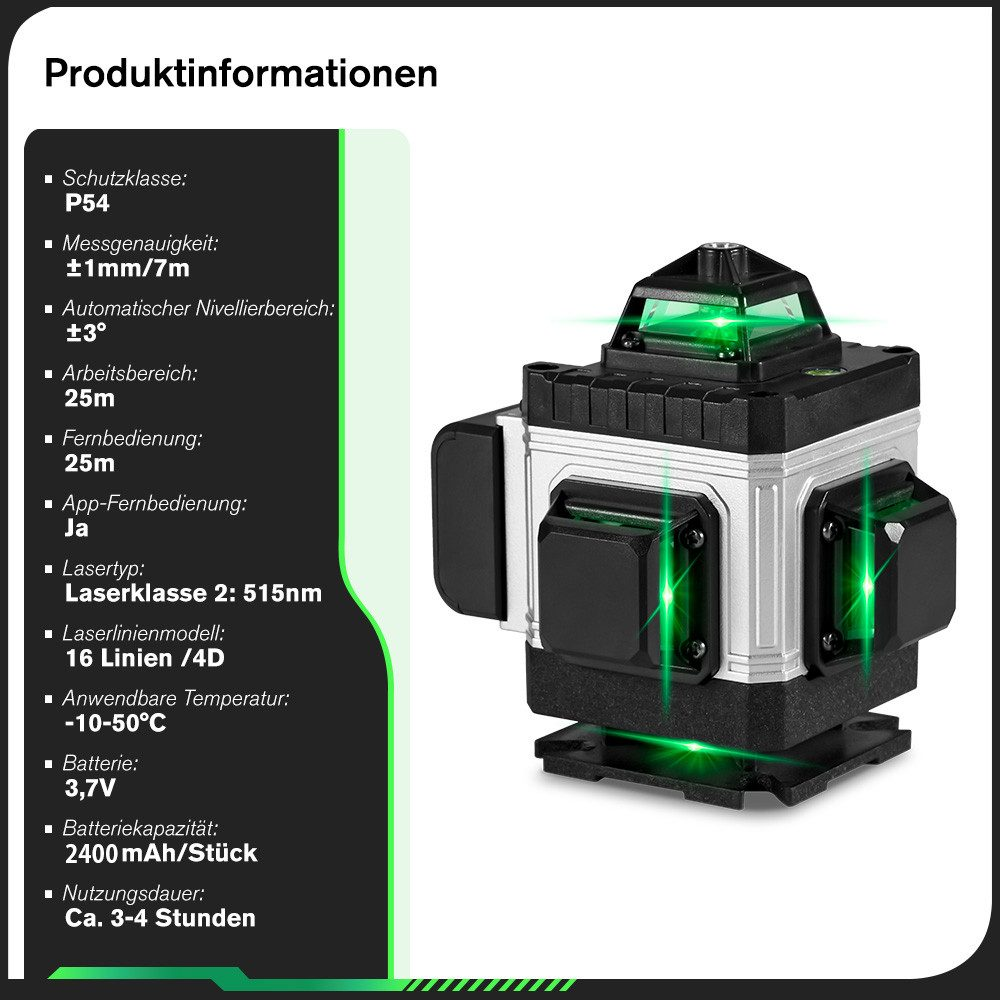 Laserwaage mit grünen Laserstrahlen und hervorgehobenen Funktionen, mit einem schwarz-silbernen Gehäuse.