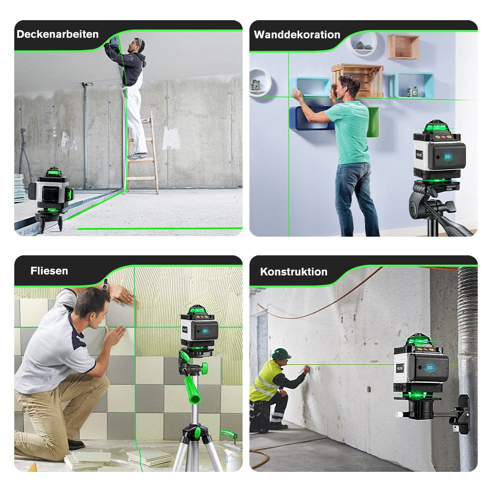 Laserwaage im Selbstnivellierungs- und manuellen Modus, Nivellierungs- und Neigungsmodi zeigend.