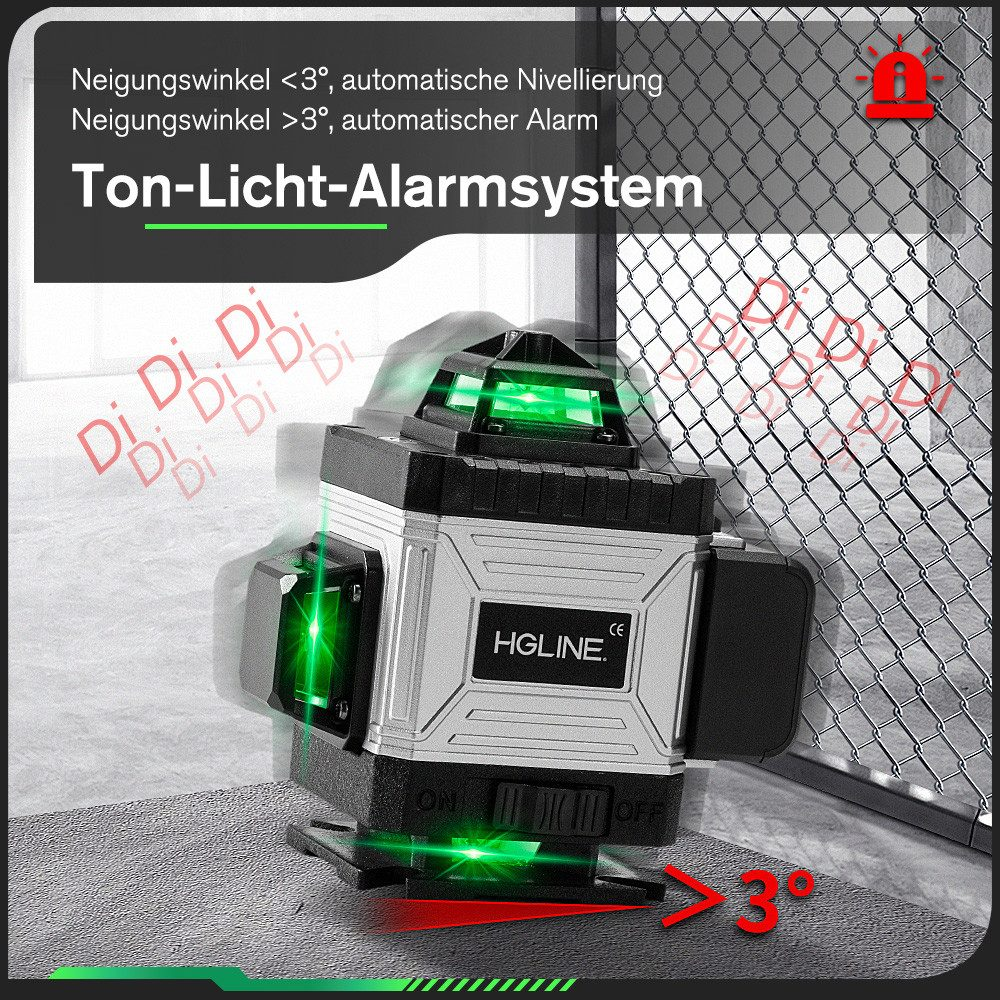 Laserwaage mit grünem Licht auf einer Oberfläche, mit Text, der Funktionen anzeigt.