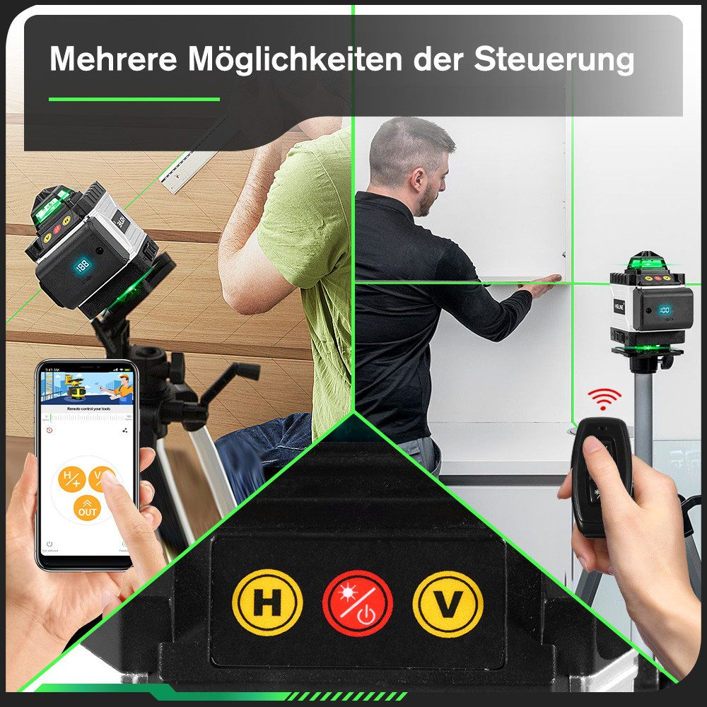 Laserwaage mit grünen Linien. Mann nutzt Handy & Fernbedienung zur Steuerung.