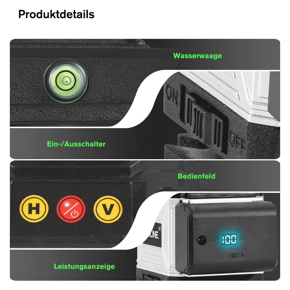 Nahaufnahme des Levels mit Tasten: H, Power, V. Level, Schalter, Leistungsanzeige.