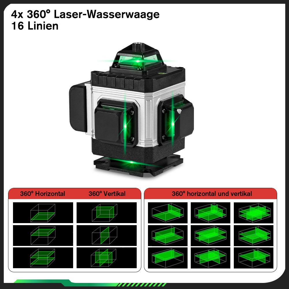 Ein Laser-Nivelliergerät projiziert grüne Linien und zeigt verschiedene Linienkonfigurationen.