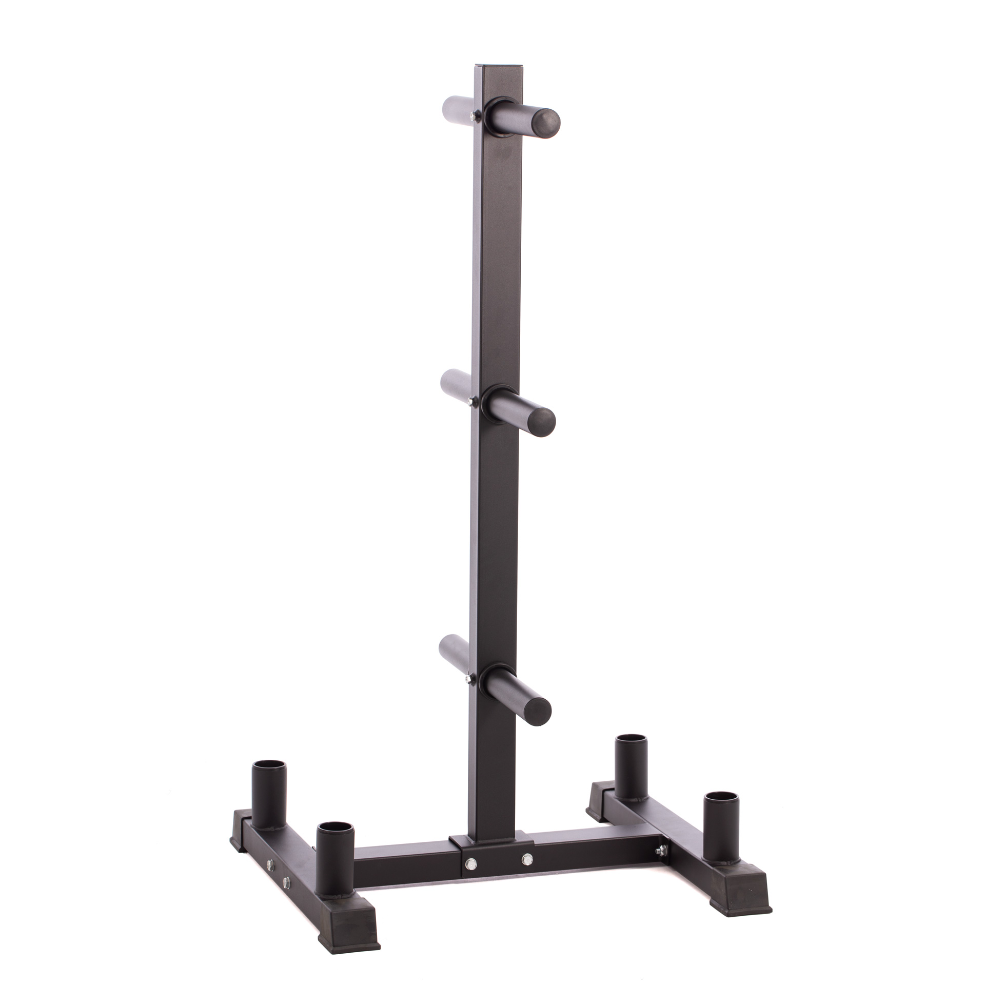 Estante negro para soporte de discos de pesas. Poste vertical con tres clavijas y cuatro soportes de base.