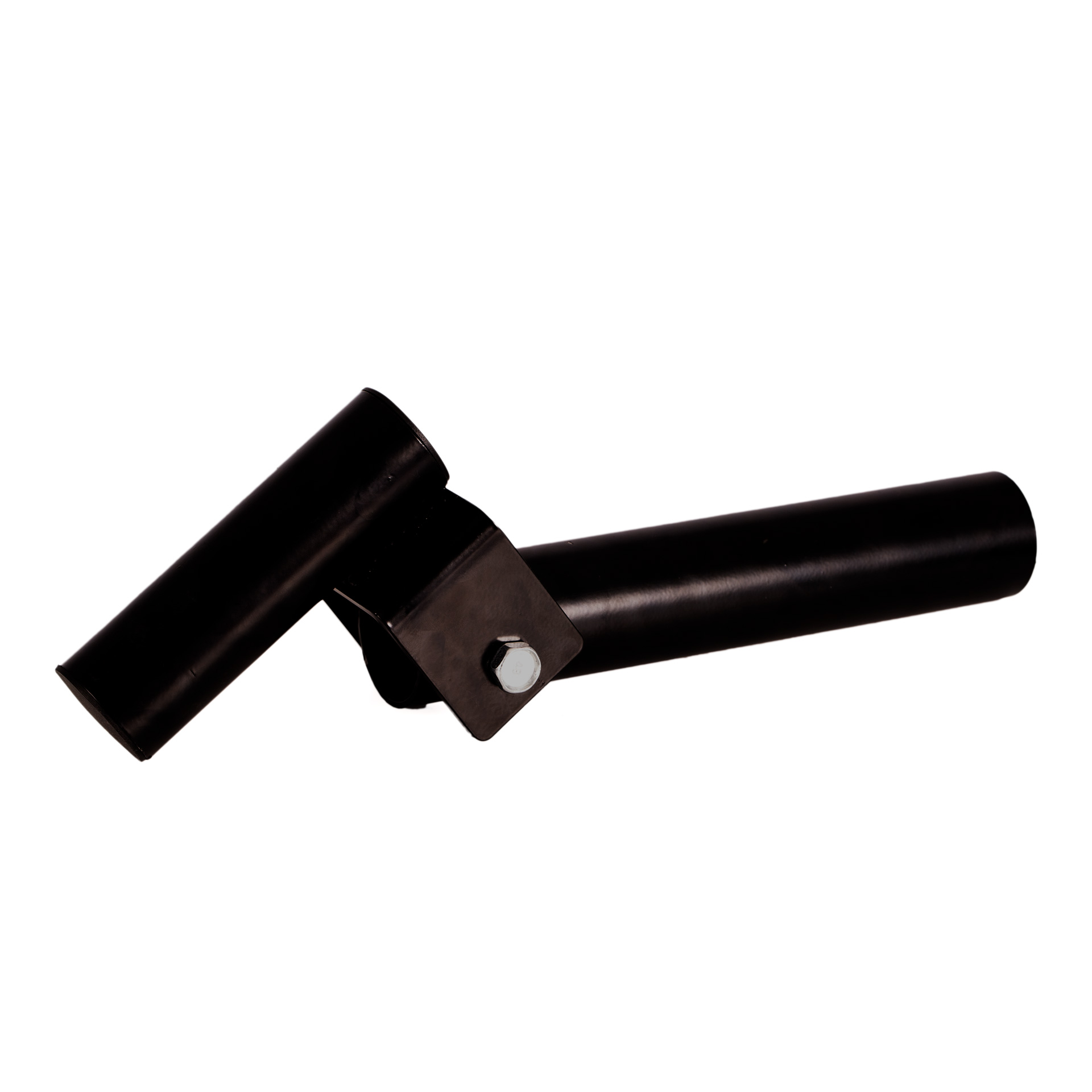 Soporte negro en ángulo para discos de pesas. Tiene una barra plateada y un perno que sujeta las piezas.