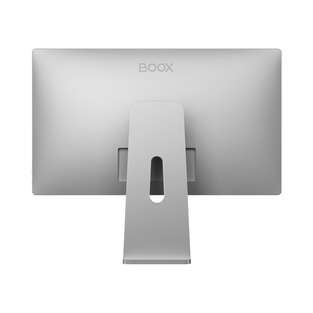 La parte trasera de un monitor de computadora. Es plateado y tiene un soporte con el logotipo de BOOX.