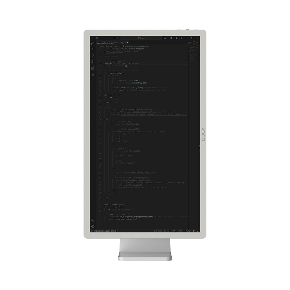 Un monitor de computadora que muestra código. Tiene una pantalla negra y un marco blanco.