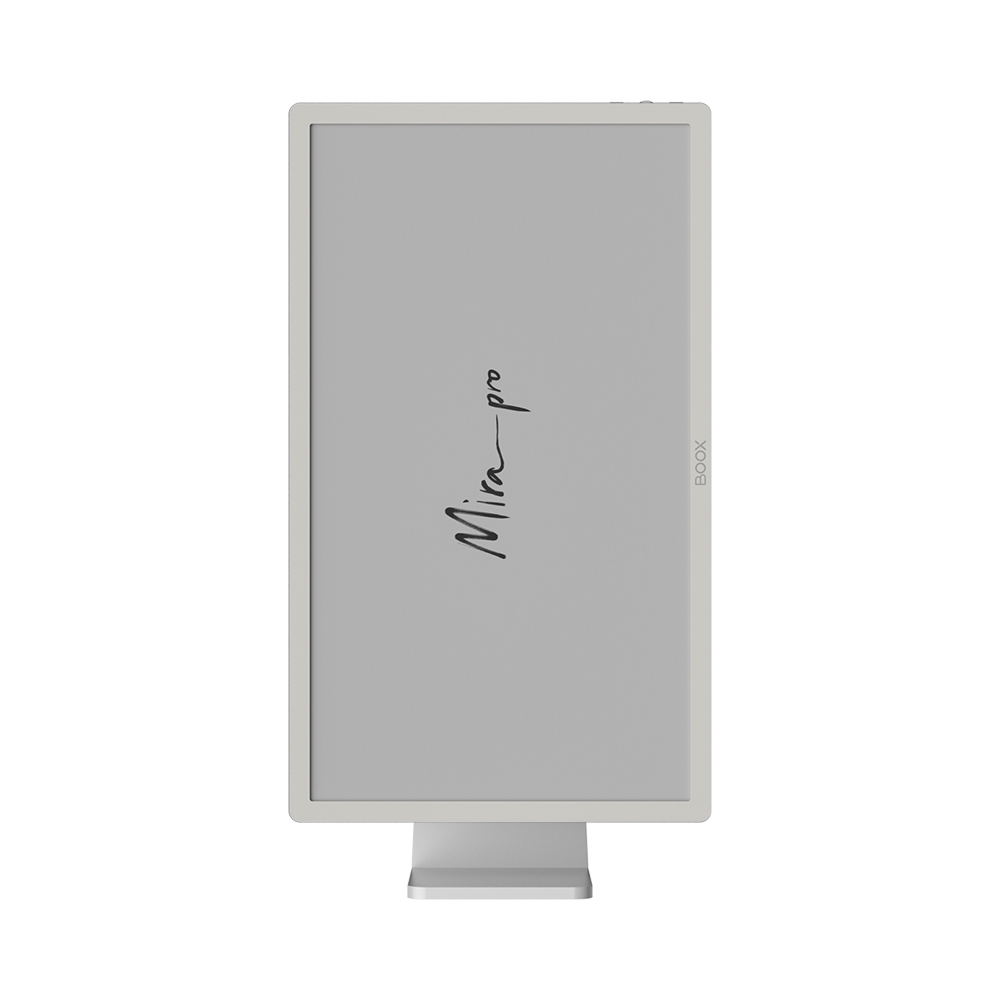Un monitor de computadora blanco. La pantalla dice 'Mira pro' en escritura cursiva. Tiene un soporte blanco.