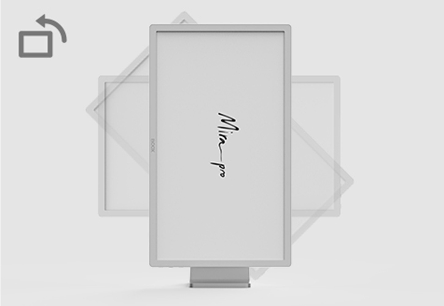Pantalla blanca giratoria con texto y logo, mostrando tres posiciones, sobre fondo gris.
