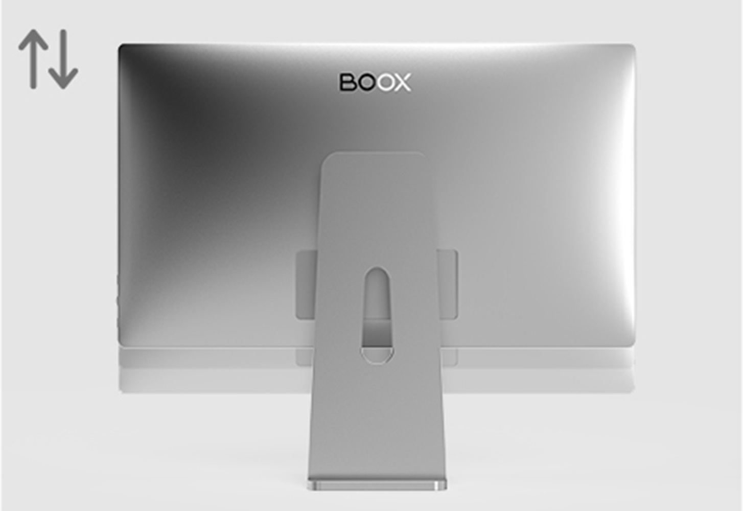 Parte trasera del monitor BOOX plateado, centrado, con soporte. Flechas arriba y abajo a la izquierda.