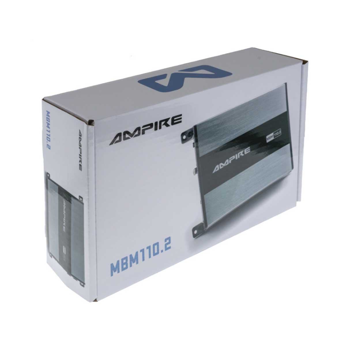Weiße Ampire-Box mit Verstärkerbild. Text: Ampire, MBM110.2. Logo in der oberen linken Ecke.
