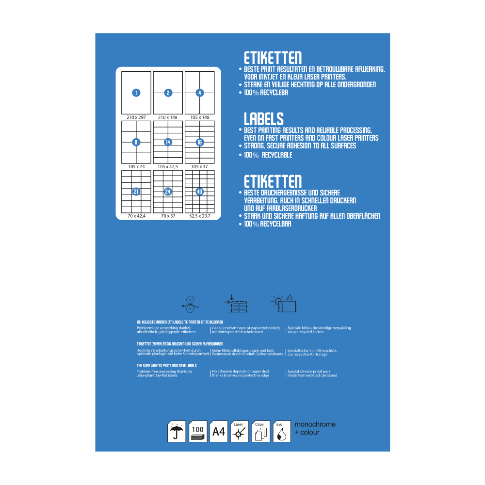 Sheet with labels, text and diagrams in black and white. Text: Etiketten, Labels. 100% Recyclable.