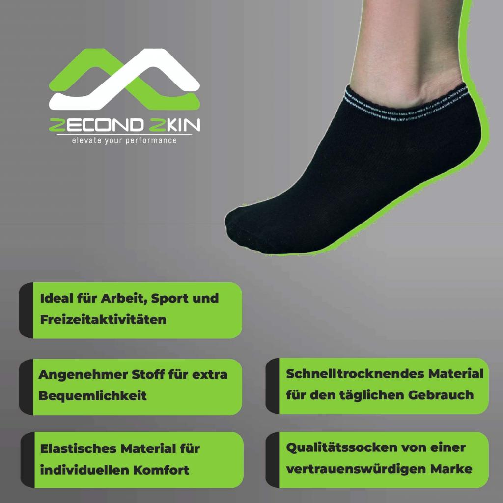 Schwarzer Füßling an einem Fuß. ZECONDKIN Logo und Text im Hintergrund, grüne Akzente.