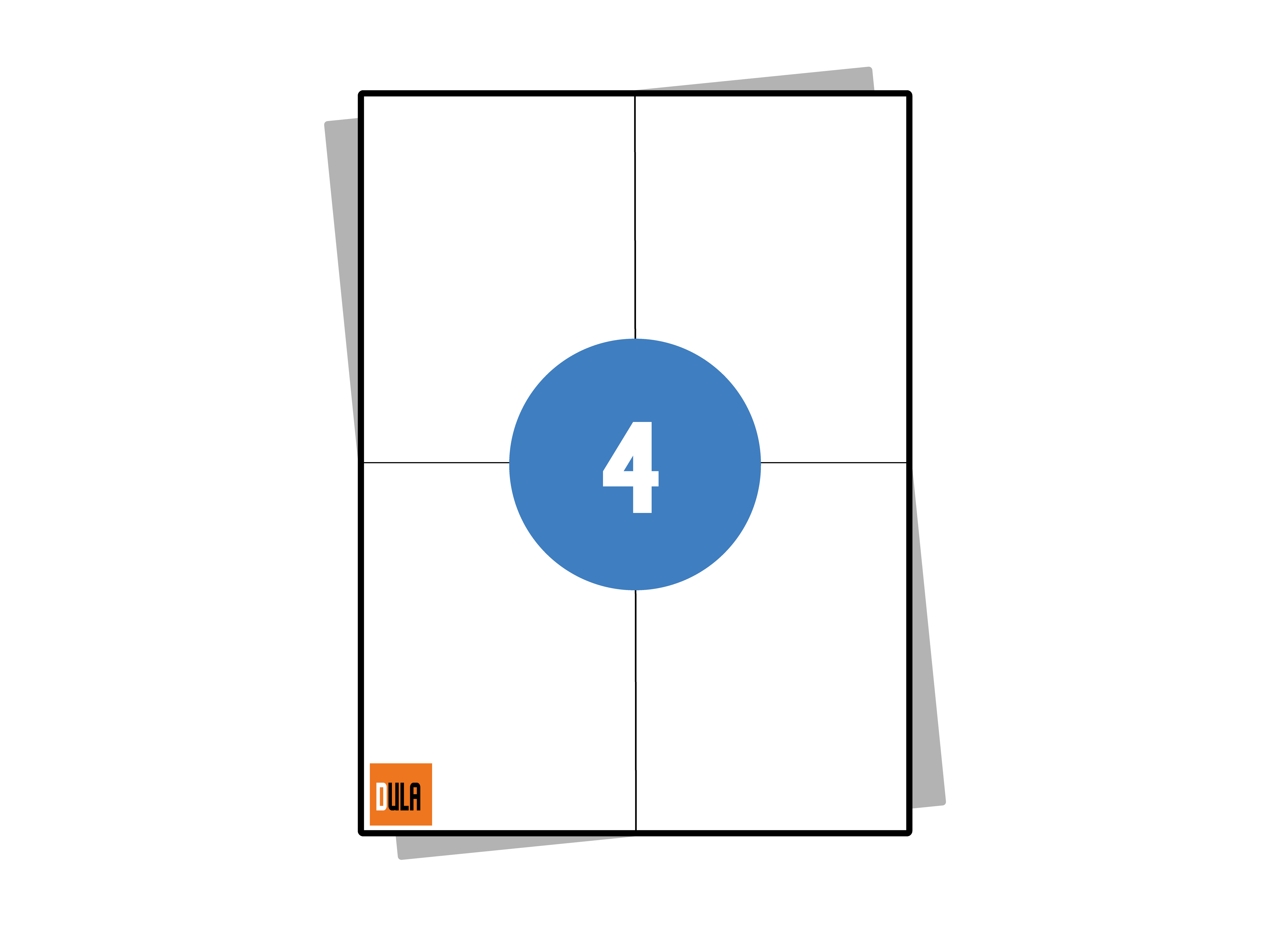 White label sheet with a blue circle containing the number 4. 'DULA' logo in the bottom left corner.