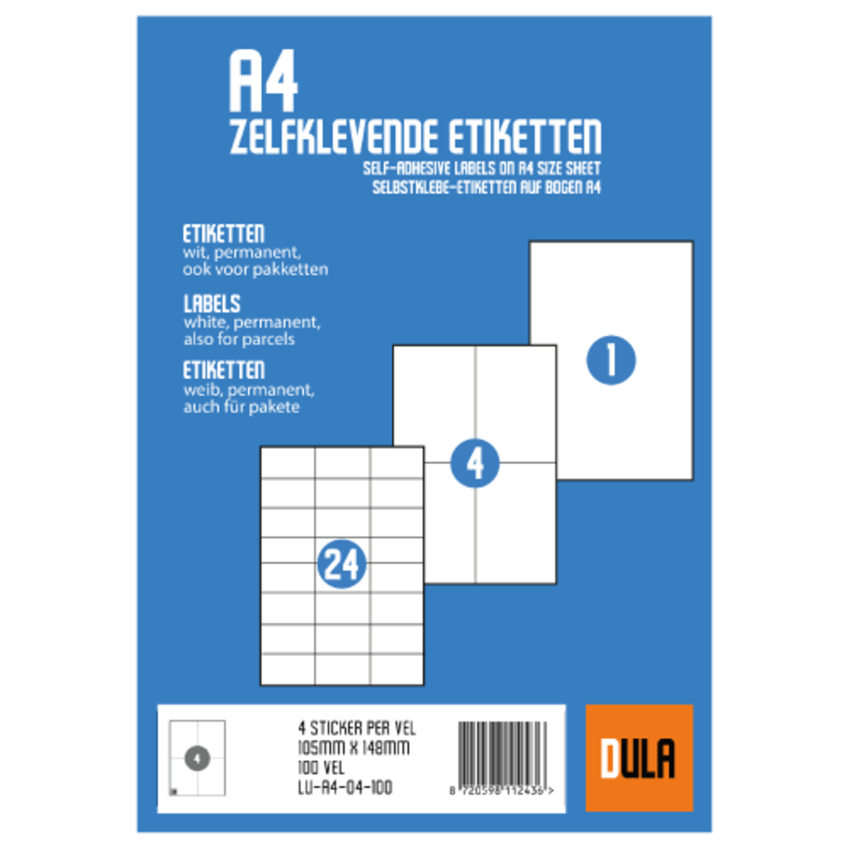 Sheet of labels. Three label sheets with different label counts. Blue background with text.