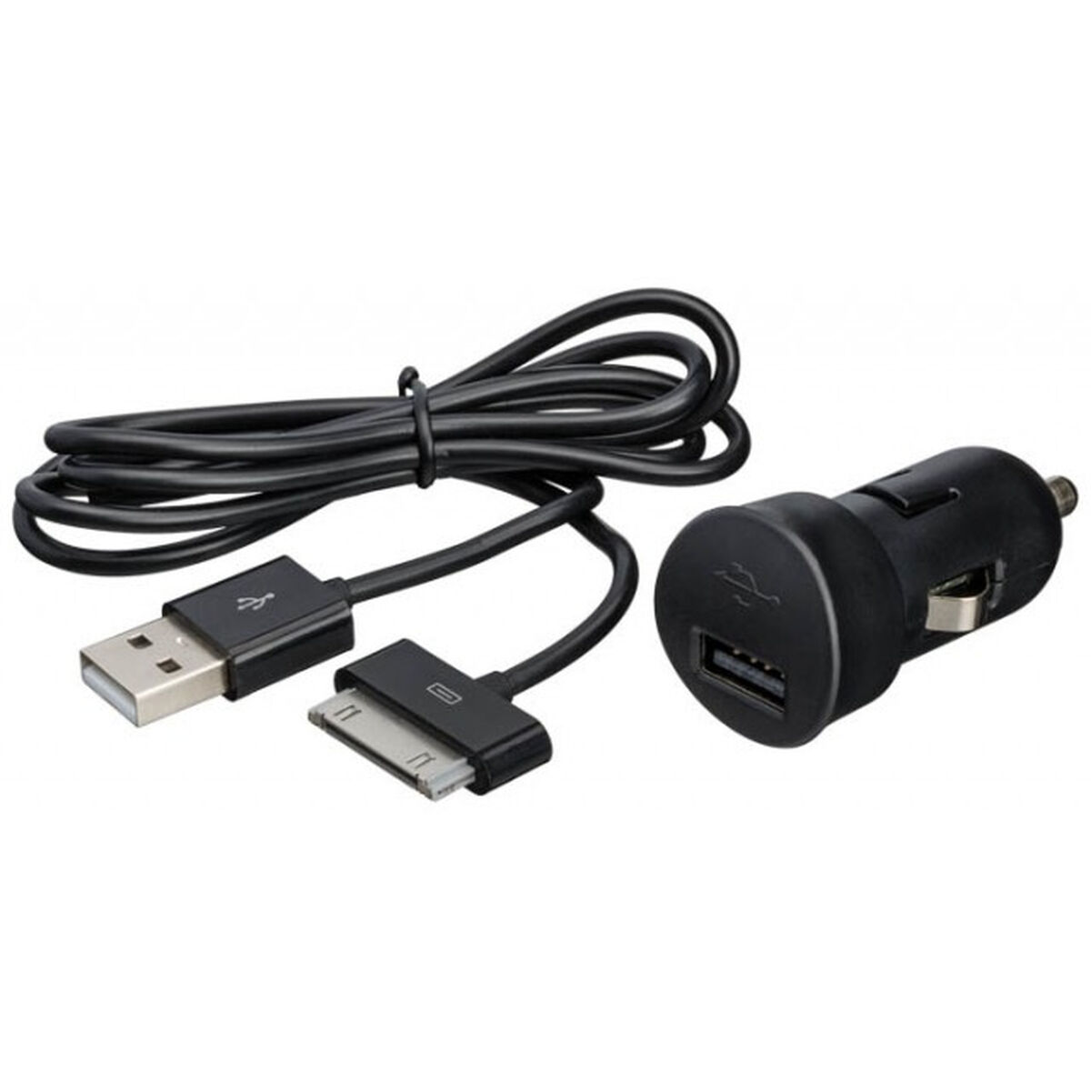 Cargador de coche negro con cables de conector USB y Apple. Cables enrollados. Fondo blanco.