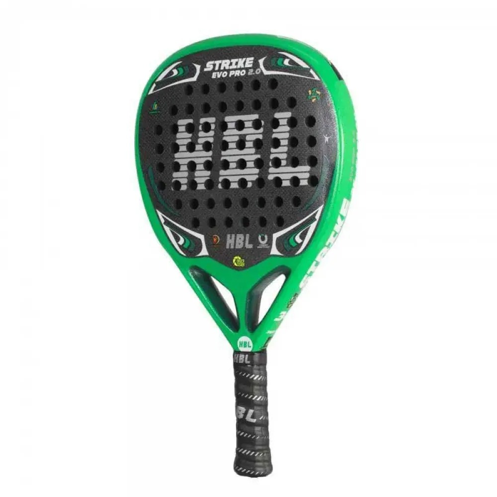 Racchetta da padel Strike EVO Pro 2.0 verde e nera, impugnatura nera, testo bianco.