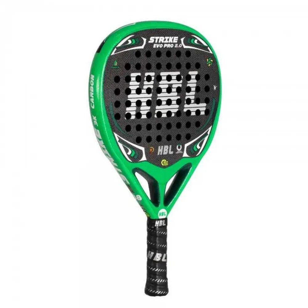 Racchetta da padel Strike EVO Pro 2.0 verde e nera, testo carbonio, bianco, manico nero.