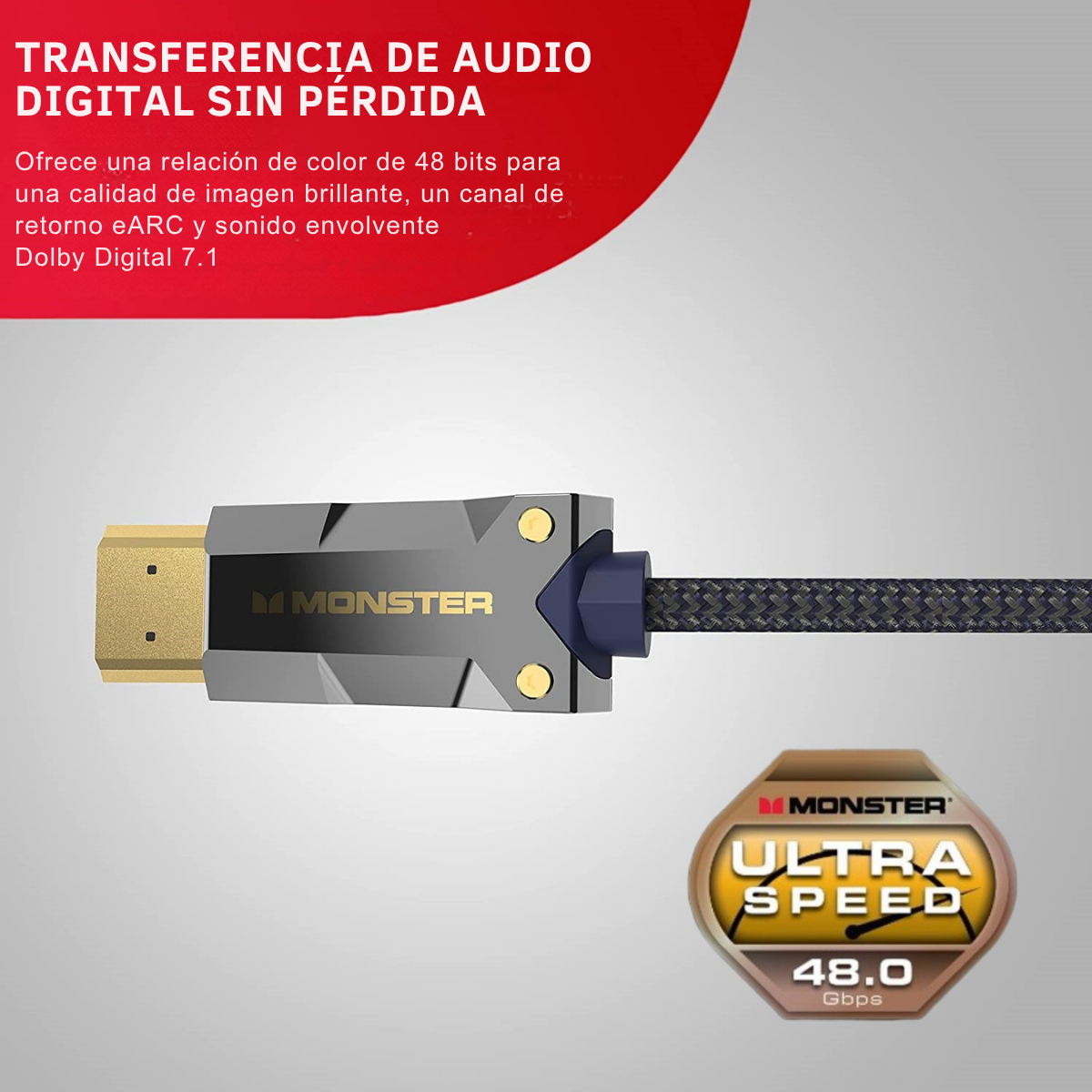 Cavo HDMI con connettori dorati e logo Monster. Testo: Trasferimento audio digitale senza perdite.