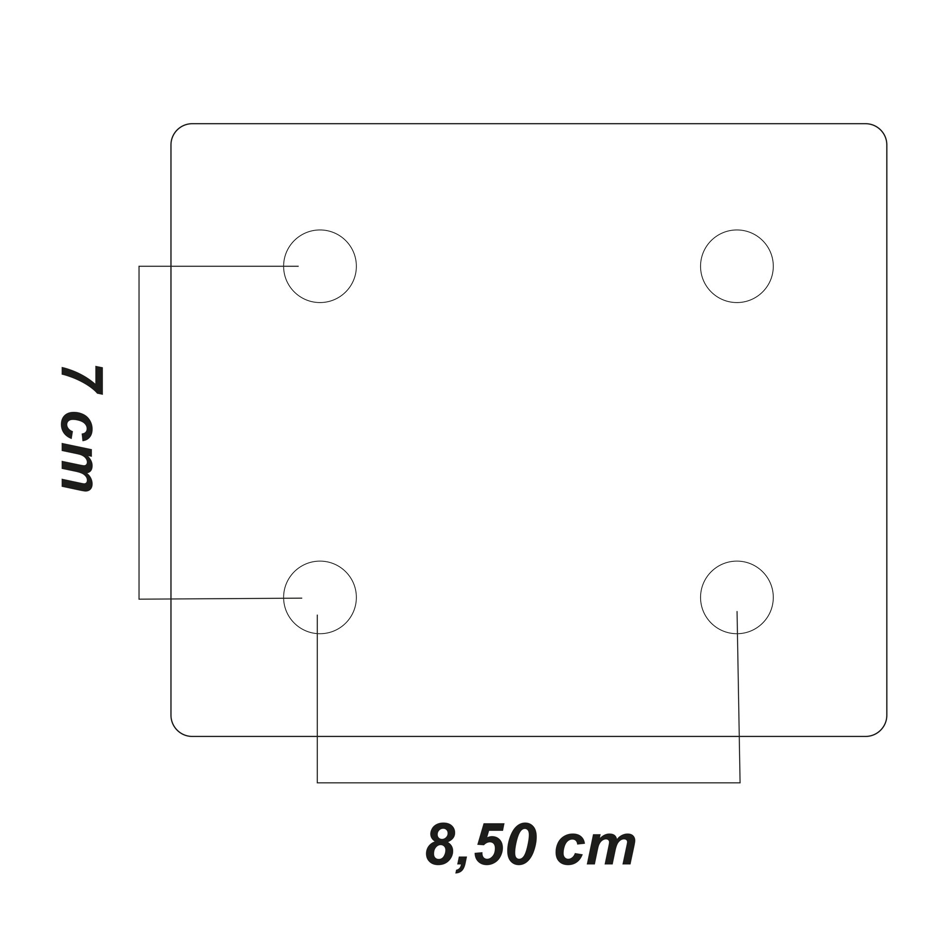 Una etiqueta rectangular con cuatro círculos para la ubicación de los agujeros. Las dimensiones son 7cm x 8,50cm.