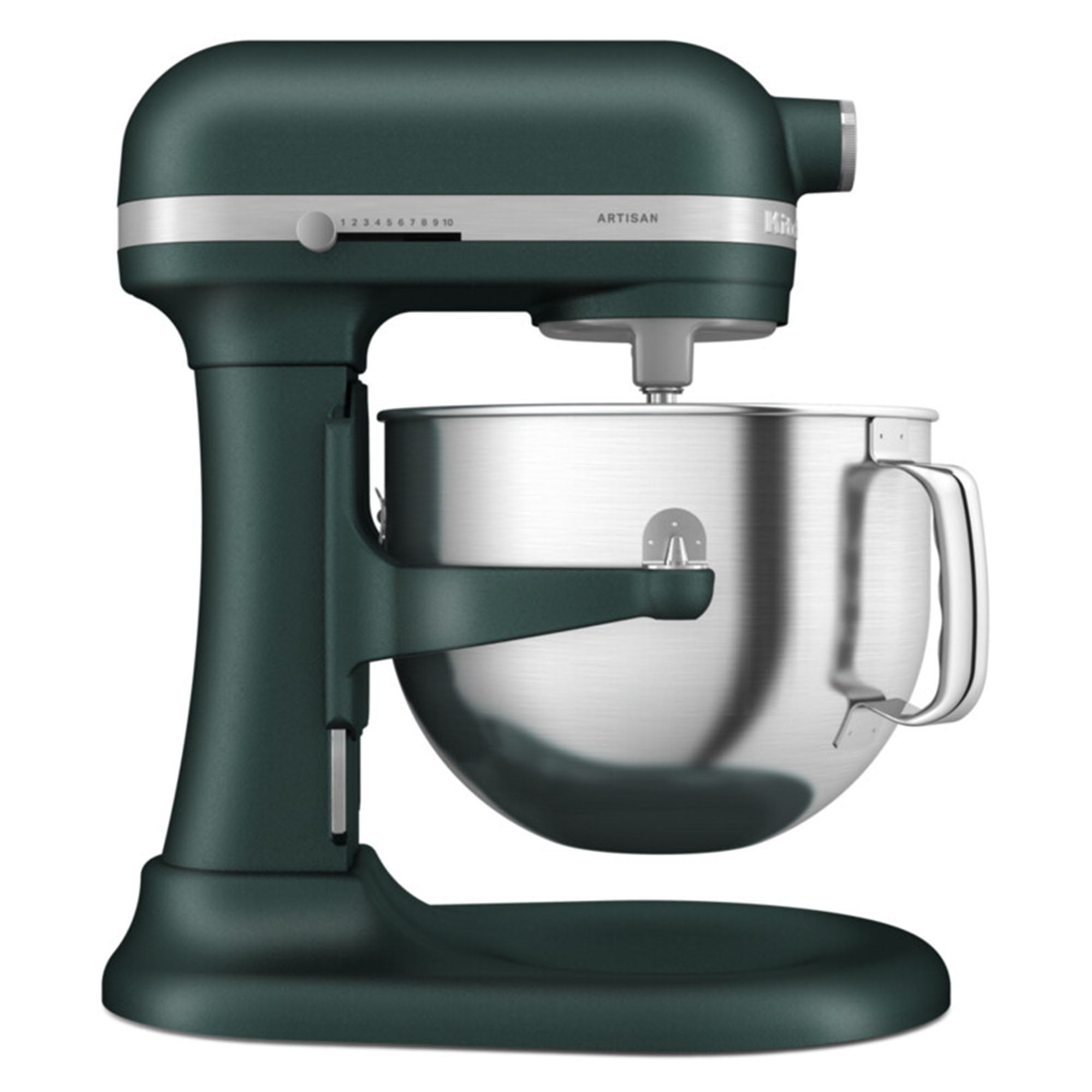 Ein dunkelgrüner Standmixer mit einer silbernen Schüssel. Es ist auf weißem Hintergrund.
