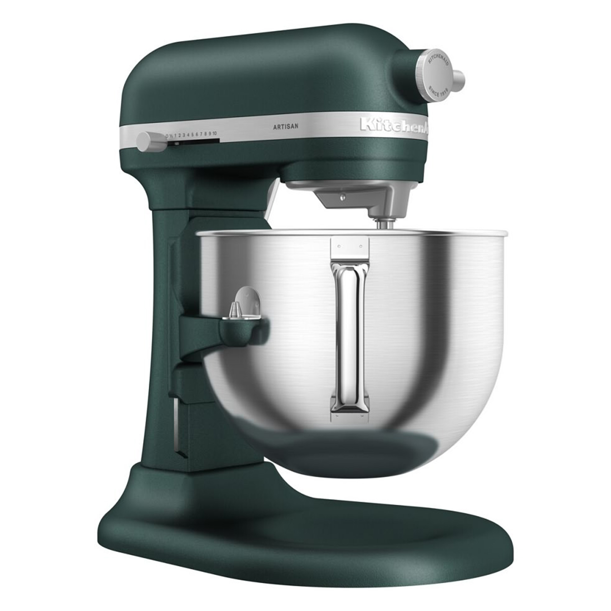 Ein dunkelgrüner Standmixer mit einer silbernen Schüssel. Es ist auf weißem Hintergrund.