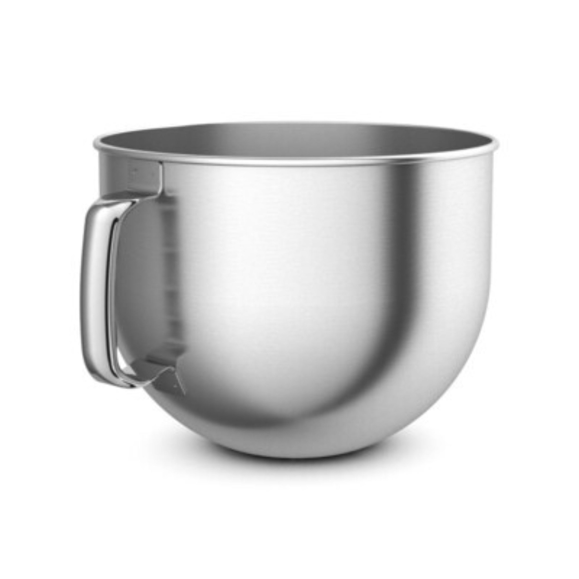 Eine silberne Rührschüssel mit Griff. Es ist Teil eines Standmixers auf weißem Hintergrund.