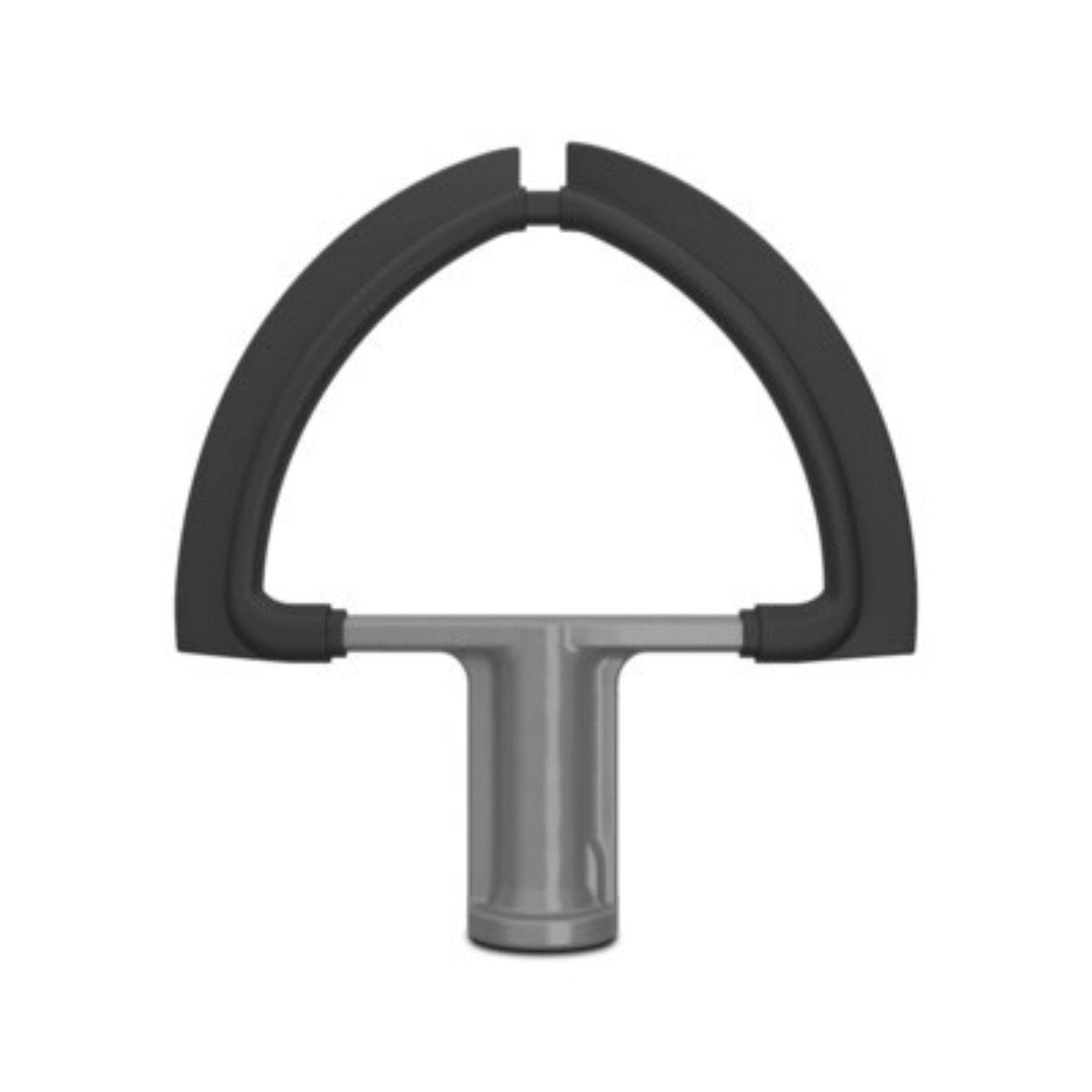 Ein schwarzer Flachrühreraufsatz für einen Standmixer mit silbernen Akzenten, auf weißem Grund.